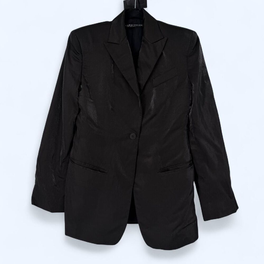 Black Shiny Satin Peak Lapel Fitted Single Button Tuxedo Evening Blazer c. 1994